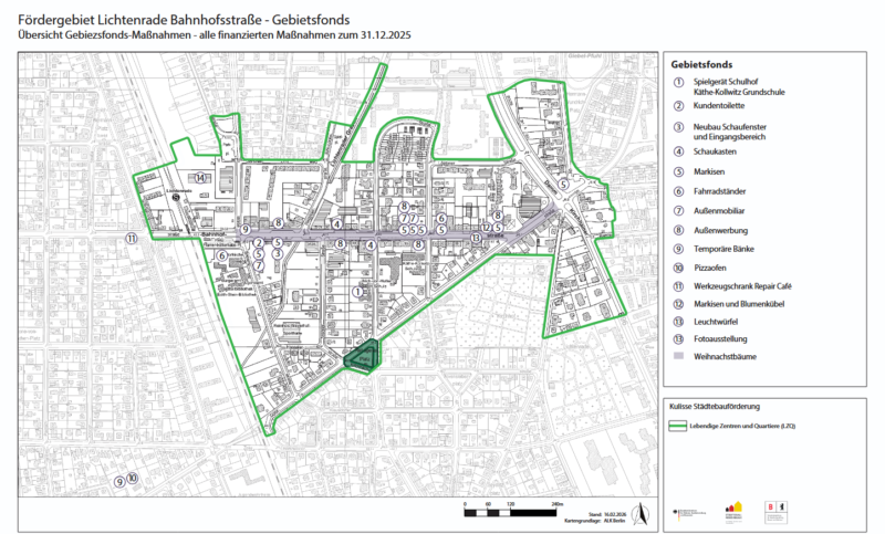 Übersichtskarte des Fördergebiets Lichtenrade Bahnhofstraße mit nummerierter Verortung der geförderten Gebietsfondsmaßnahmen